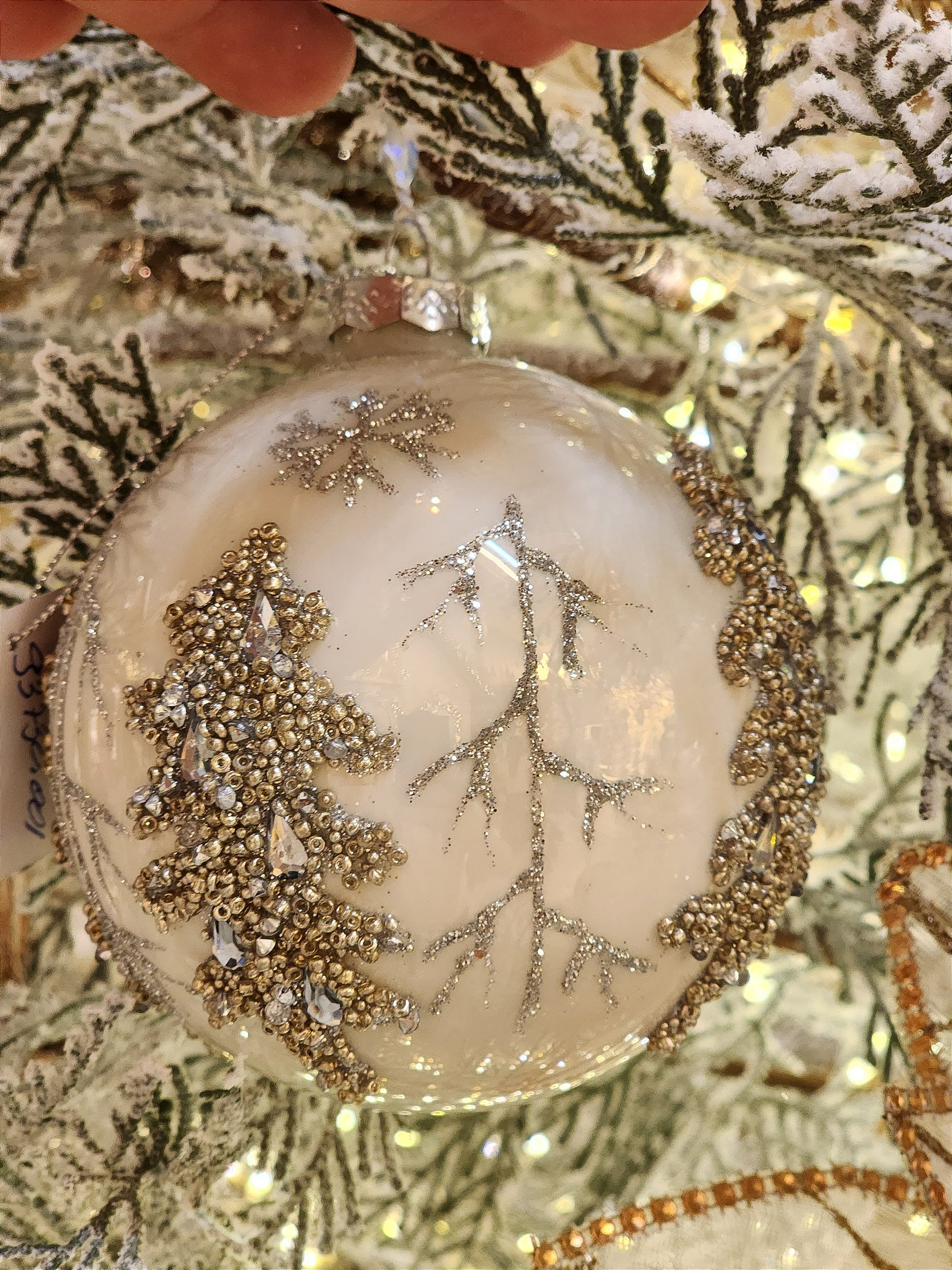Pendente ornamento vidro soprado bola branca e prata 10cm