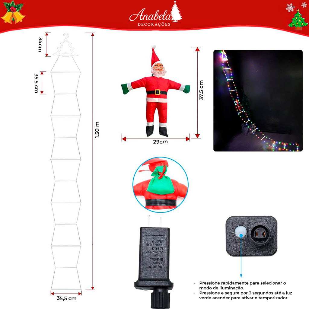 Papai Noel Subindo a Escada com Luzes LED – Decoração Natalina Encantada